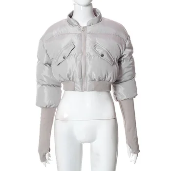 Женская куртка на молнии с длинным рукавом, толстая теплая однотонная короткая модная куртка с хлопковой подкладкой, пальто без полиэстера, Материковый Китай Изображение