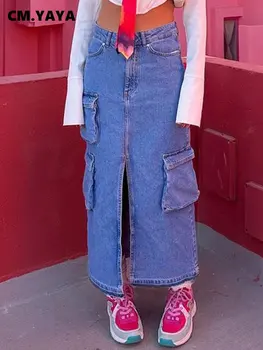 Женская модная джинсовая юбка-макси на молнии с несколькими карманами и разрезом по бокам спереди, джинсовая юбка трапециевидной формы, 2023 Уличные винтажные юбки INS Изображение