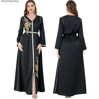Женская одежда Ближнего Востока, черные вечерние платья с вышивкой, Арабское вечернее платье из Дубая, мусульманский кафтан Абайя с длинным рукавом, Vestidos Изображение