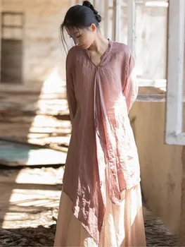 Женская солнцезащитная рубашка Ramie Long 2023 Лето-осень, повседневные топы в стиле ретро с V-образным вырезом и длинными рукавами, простая универсальная блузка Изображение