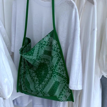 Женская сумка Повседневная сумка-тоут в богемном стиле с открытой мягкой печатью, винтажные сумки через плечо, сумки, модная сумка для покупок большой емкости, сумка для девочек Изображение