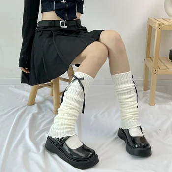 Женские Носки-грелки из готической рубчатой вязки в стиле Харадзюку, Японская Сладкая лента, Бант, Салат-латук, Гофрированный подол, Чулок для ног, покрывающий ноги Изображение
