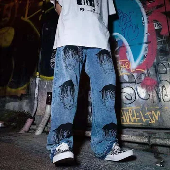 Женские джинсы в стиле хип-хоп с принтом забавных мультяшных персонажей, Новые осенние винтажные джинсы с высокой талией, прямые джинсы с высокой талией, женские джинсы Изображение