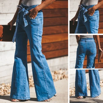 Женские джинсы с высокой талией и широкими штанинами, женские большие размеры, свободные сексуальные уличные прямые ботинки, сшитые на заказ с поясом-бабочкой, джинсовые брюки Изображение