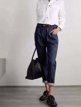 Женские зауженные джинсы, украшенные бисером, повседневные длинные брюки с эластичной резинкой на талии Изображение