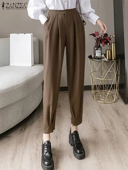 Женские плиссированные брюки ZANZEA High Wasit, Корейская мода, Повседневные Свободные однотонные укороченные брюки, Весна 2023, Офисные Женские панталоны Изображение