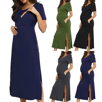 Женское длинное платье с разрезом, V-образный вырез, короткий рукав, платье для беременных, кормящих грудью, Однотонное платье для беременных, платье для кормления грудью, халат Изображение