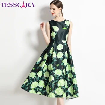 Женское летнее элегантное платье с цветочным рисунком TESSCARA, высококачественное длинное офисное платье для коктейля, винтажное дизайнерское платье на бретелях А-силуэта, Vestidos Изображение