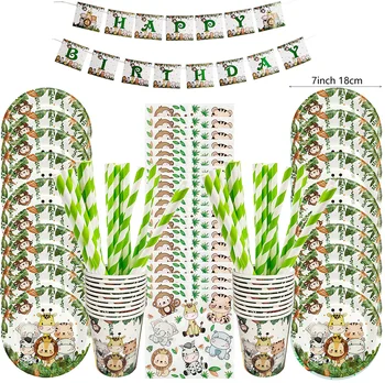 Животные джунглей Наборы одноразовой Посуды Wild One Декор для детского Дня Рождения Сафари в джунглях Динозавр 1-й День Рождения мальчика Детский Душ Изображение