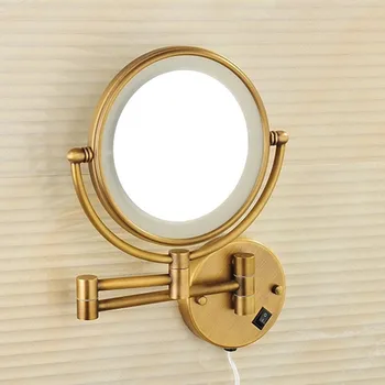 Зеркало для макияжа LIUYUE Античное Латунное Зеркало для ванной комнаты с 8-дюймовой светодиодной подсветкой, Складное Зеркало для увеличения макияжа, Зеркала для ванны с 3-кратным увеличением Изображение