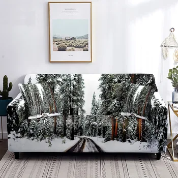 Зимний эластичный чехол для дивана, чехлы для лесных диванов, чехлы для сосен, природные пейзажи, Моющаяся защитная пленка для мебели для гостиной Изображение
