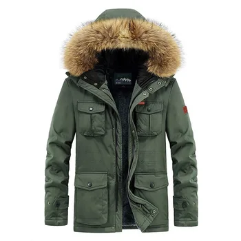 Зимняя куртка-парка, мужская модная одежда, куртка с меховой отделкой, куртка с капюшоном, утепленные мехом теплые пальто для улицы, мужские пальто больших размеров 8XL Изображение