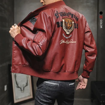 Зимняя мотоциклетная куртка, мужская кожаная куртка, мужская уличная одежда с вышивкой, повседневная куртка из искусственной кожи, мужская одежда, байкерская куртка, пальто Изображение