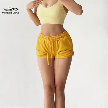 Изгиб Русалки, сексуальные тонкие спортивные шорты для йоги, женские летние шорты для бега, Свободная хлопковая дышащая повязка со средней талией, Тонкие трехточечные шорты Изображение