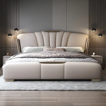Итальянская легкая роскошная кожаная кровать, двуспальная кровать в главной спальне 1,8 м, современная минималистичная кожаная художественная кровать, ящик для хранения высотой 1,5 м, wedding Изображение