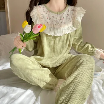 Комплект из двух предметов, женская пижама Kawaii, модный пуловер с длинными рукавами в стиле пэчворк, топ, брюки, одежда для отдыха, одежда для женщин, пижамы Изображение