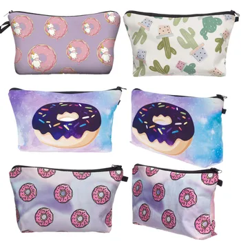 Косметички с рисунком пончика и кактуса с 3D-печатью, многоцветные Милые косметички для путешествий, женская сумка-органайзер, набор туалетных принадлежностей Изображение