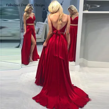 Красные Длинные платья для выпускного вечера из двух частей, трапециевидный шлейф, бретельки на бретельках, вечернее платье с вырезом в виде сердечка, свадебное платье для вечеринки с бантом Изображение