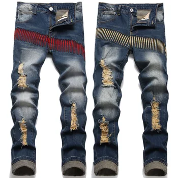 Легкие роскошные мужские облегающие синие джинсовые брюки, модные вышиванки, рваные повседневные джинсы, уличная мода, сексуальные джинсовые брюки; Изображение