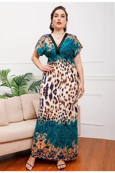 Летнее новое женское платье 2023 большого размера, леопардовое, с коротким рукавом, высокой талией, средней длины, с V-образным вырезом, сексуальное и пикантное Изображение