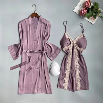 Летний сексуальный женский халат с кружевной аппликацией и V-образным вырезом, комплекты ночных рубашек, пижамы, Шелковистая пижама, Домашняя одежда, неглиже, халат Изображение