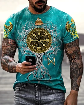 Летняя мужская футболка с круглым вырезом и коротким рукавом с принтом 2023, футболка с 3D-принтом Viking Tattoo Life Tree Изображение