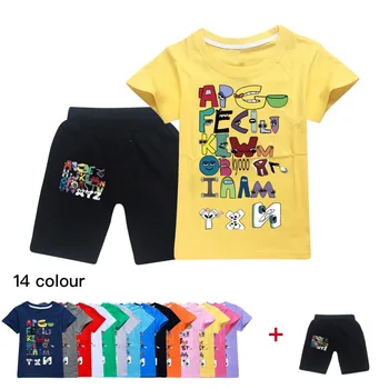 Летняя повседневная одежда для мальчиков и девочек, футболка с алфавитом и шорты, комплект из 2 предметов, детская одежда, Спортивная одежда, Домашняя пижама, костюмы Изображение