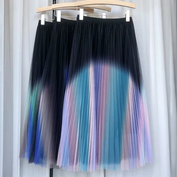 Летняя сетчатая юбка градиентного цвета с радужным принтом, плиссированная юбка с высокой талией, фатиновая юбка трапециевидной формы, Элегантная модная длинная юбка Изображение