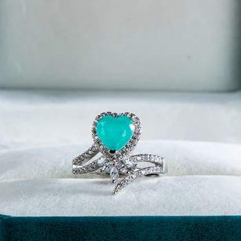 Модное кольцо с вырезом в форме сердца из сапфира Параиба с полным бриллиантом для женщин, подарочные украшения с геометрическим рисунком в виде листьев на Годовщину свадьбы Изображение