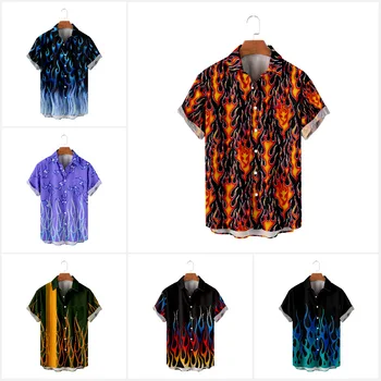 Модные повседневные рубашки с лацканами и пуговицами, мужская гавайская рубашка с принтом пламени, летний топ с коротким рукавом Изображение