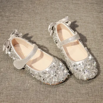 Модные тонкие туфли принцессы для девочек с большим бантом, детские балетки на плоской подошве для выступлений и вечеринок, Кожаная обувь для малышей Mary Janes Изображение