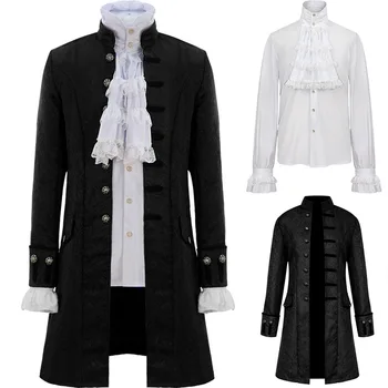 Мужская куртка, пальто в викторианском готическом стиле, открытое пиратское пальто, куртки в стиле стимпанк, мужская одежда, зимняя ветровка, рубашка с оборками Изображение
