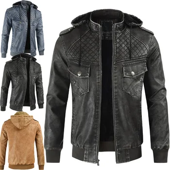 Мужские кожаные куртки, зимние теплые пальто с капюшоном, Толстая шерстяная подкладка, Ветрозащитная байкерская верхняя одежда, Брендовая одежда Dropshipping plus Изображение
