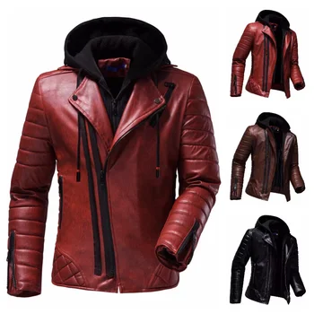 Мужские куртки из искусственной кожи с флисовой подкладкой, пальто с капюшоном, осенне-зимняя повседневная мотоциклетная куртка для мужчин, ветровка, байкерские куртки Изображение