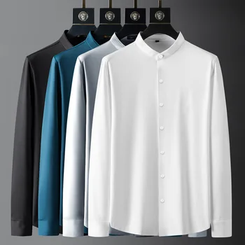 Мужские рубашки Minglu Весна осень, роскошные Белые мужские рубашки с длинным рукавом и воротником-стойкой, модные повседневные мужские рубашки Slim Fit 4XL Изображение