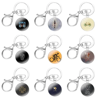 Мультяшный модный дизайн, креативный брелок ручной работы, стеклянный кабошон, брелок для ключей, подвеска, цепочки для ключей, искусство езды на велосипеде Изображение