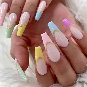 Накладные накладные ногти серии Rainbow French, пригодные для носки, Накладные накладные ногти, Накладная накладка для ногтей, съемная Изображение