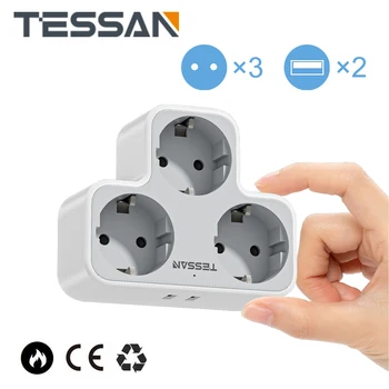 Настенная розетка TESSAN Multiple с 3 розетками переменного тока и 2 USB-портами, Штепсельная вилка ЕС с защитой от перегрузки для домашнего Офиса Изображение