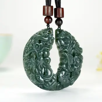 Натуральный 100% хотанский нефрит, подвеска с изображением дракона и феникса, ожерелье 