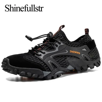 Нескользящая летняя дышащая походная обувь, мужские замшевые сетчатые треккинговые кроссовки, Быстросохнущая водонепроницаемая обувь, уличная обувь для альпинизма Изображение
