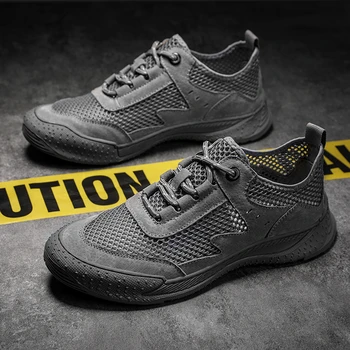 Новая дышащая повседневная мужская обувь из сетчатого материала, цвет Черный, серый, удобная обувь для бега, кроссовки Изображение