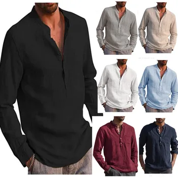 Новая модная мужская рубашка, хит продаж, мужская повседневная пляжная льняная рубашка с V-образным вырезом и длинными рукавами, мужская одежда Изображение