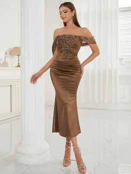 Новое сексуальное леопардовое облегающее платье Flods с открытыми плечами, женское коричневое облегающее платье без рукавов в стиле пэчворк, Леопардовое плиссированное платье-футляр для вечеринки Изображение