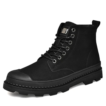 Новые модные черные мужские повседневные ботинки Мужские зимние ботильоны из натуральной кожи плюс рабочие мужские ботинки для ходьбы на меху botas de homens Изображение