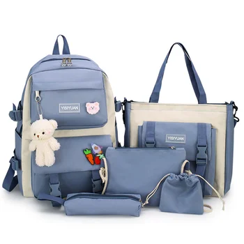 Новый комплект из 5 предметов, женский рюкзак для ноутбука, холщовые школьные сумки для девочек-подростков, Kawaii, Студенческая детская сумка для книг, рюкзак Изображение