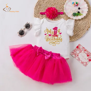 Одежда для маленьких девочек, платье на мой первый день рождения, Милые розовые платья + комбинезоны, летняя одежда для маленьких девочек, комбинезон для вечеринки Изображение