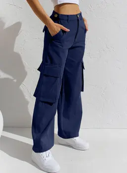 Однотонные брюки-карго с низкой талией, женские прямые брюки-карго на пуговицах с несколькими карманами, женская индивидуальность, уличная одежда Изображение