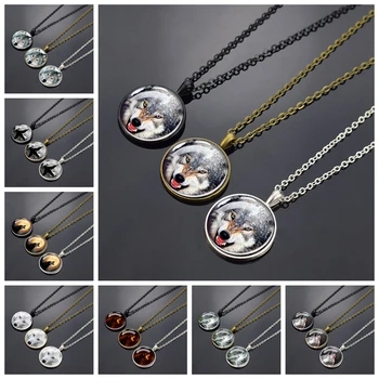 Ожерелья с волчьей головой для женщин, мужчин, ожерелье с подвеской в виде стеклянного купола, цепочки серебряного/бронзового/черного цвета, ювелирные изделия с животными, модный подарок Изображение