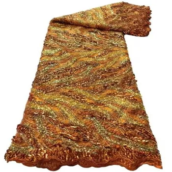 Оранжевая кружевная ткань из французского тюля высокого качества в африканской нигерийской сетке с пайетками для свадебного платья Изображение