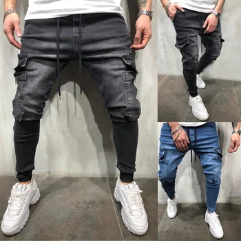  Осенние мужские повседневные спортивные брюки в стиле хип-хоп, джинсы Beam Feet, мужские джинсы в стиле хип-хоп, синие джинсы Изображение